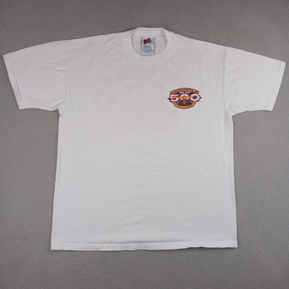 Midwest Embroidery Indy 500 T-Shirt Mens Medium White Vintage 1998 Racing Crew